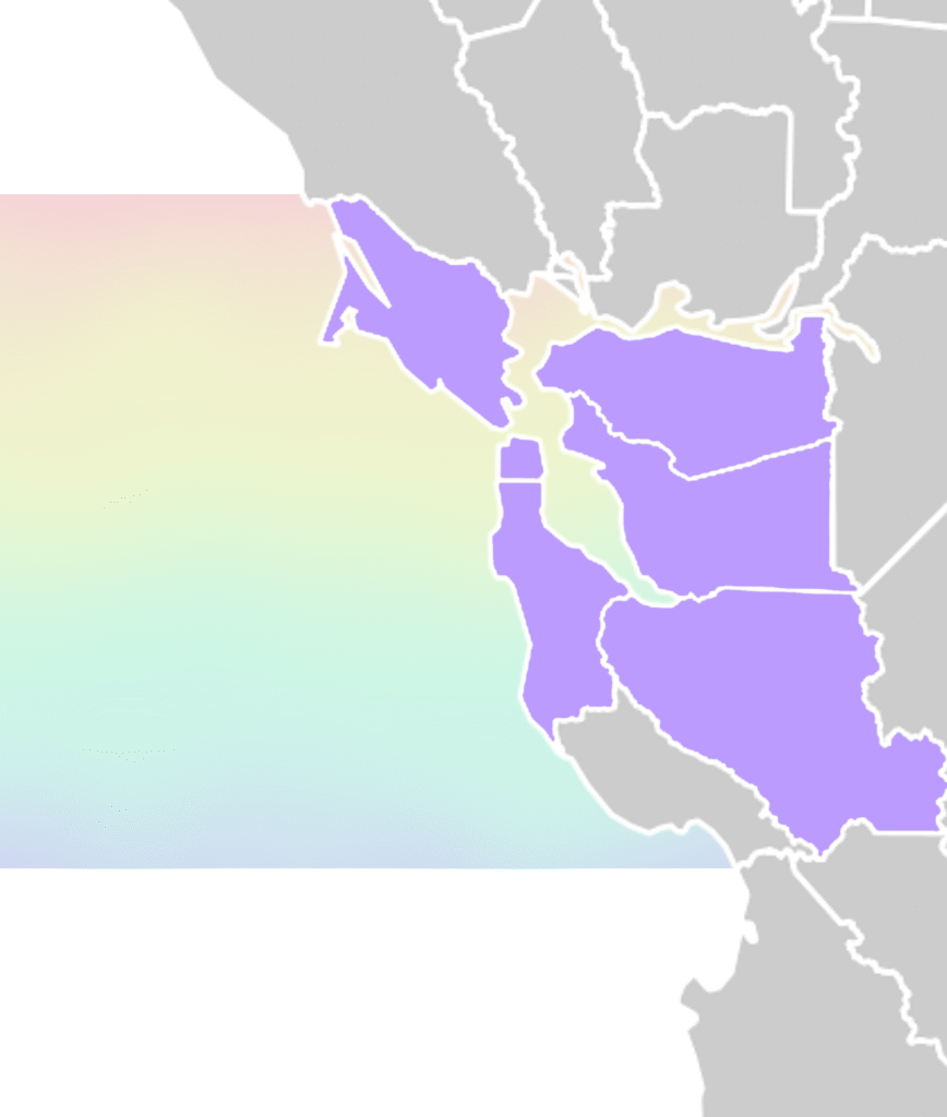 Section of map of Northern California, highlighting the San Francisco Bay Area, including San Francisco, San Mateo, Santa Clara, Contra Costa, Alameda, and Marin counties.