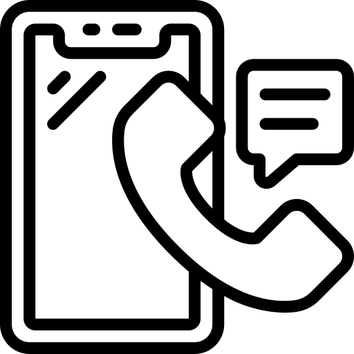 Black and white logo of a mobile phone with a call and text  image.